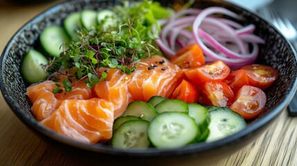 beautiful bowl of salmon and avocado with micro greens, tomatoes, cucumber slices, red onion slices