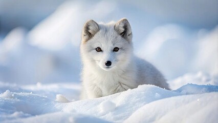 Wall Mural - adorable fluffy arctic fox cub playing in the snow, arctic fox, cub, fluffy, adorable, snow, playful