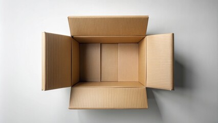 Top view of open cardboard box mockup on light background, perfect for packaging or storage, cardboard, box, empty, brown