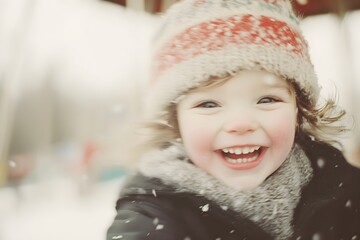 Little girl enjoying carousel ride at amusement park in carnival, festival, birthday or holiday. Smiling child on horse. Vintage merry go round. Winter family vacation. Christmas and New Year