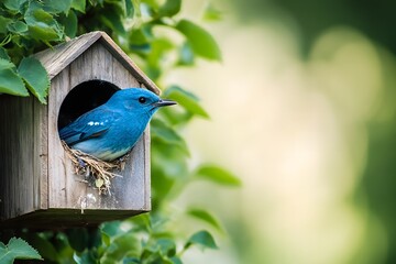 A bluebird nesting in a charming birdhouse surrounded by greenery and a peaceful landscape