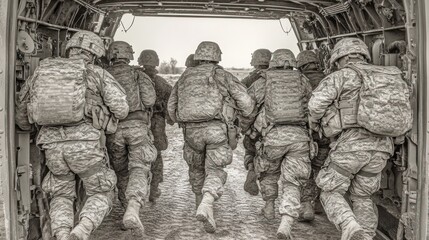 Wall Mural - A group of soldiers run out of a military transport helicopter.