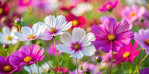 Wall Mural - Vibrant cosmos flowers in full bloom with a colorful mix of pink, purple, and white petals , cosmos, flowers, colorful, vibrant