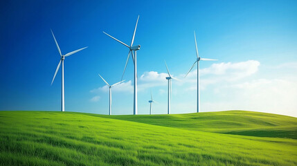 the image features a serene landscape with several tall wind turbines spread across a wide, open field