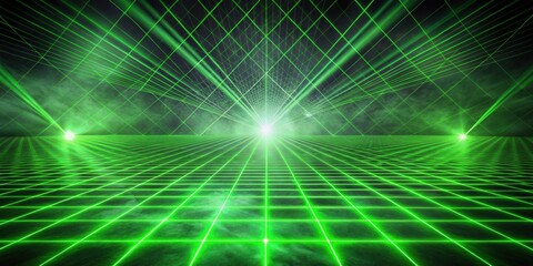 Grid pattern created by bright green laser beams on dark foggy background, laser beams, green, grid, pattern, dark