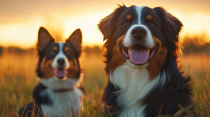 Wall Mural - Two happy dogs sit on the grass with the sunset in the background