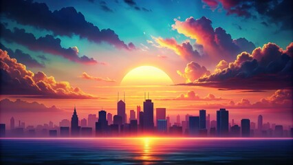 Wall Mural - retro sky with colorful clouds and sun setting over a silhouette cityscape, nostalgic, sunset, vinta