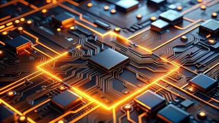 Close-up view of futuristic circuit board with glowing orange elements in high tech environment , technology