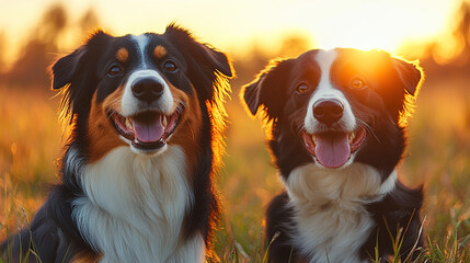 Two happy dogs sit on the grass with the sunset in the background