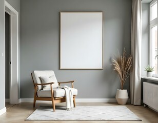 A modern living room with a blank frame wall art