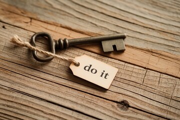 Old key with a tag saying 'do it' on rustic wooden background.