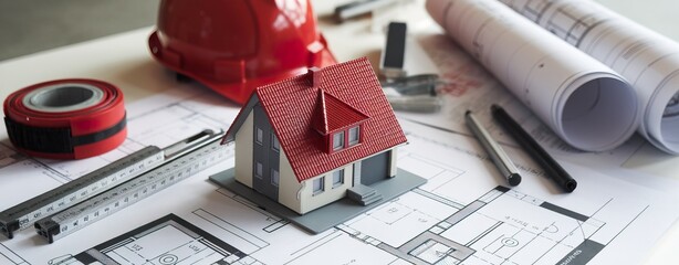 Model house with blueprints and tools on a work desk, white isolated background.