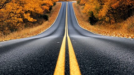 An empty asphalt road with yellow lines winding through a forest in autumn, with fallen leaves on the roadside.