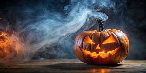 Glowing jack-o-lantern with smoke rising from the top, Halloween, pumpkin, spooky, decoration, lantern, orange, glowing, candle, autumn