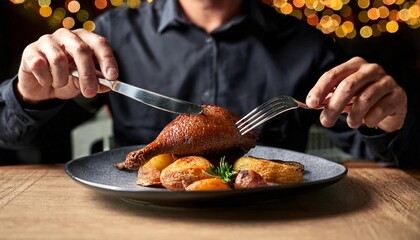 faceless man eat confit de canard in restaurant with bokeh background. france food.