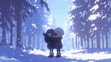 Cute miniature two people statues standing on snow covered ground, holding binoculars to their eyes in winter, background shows snow falling from the sky