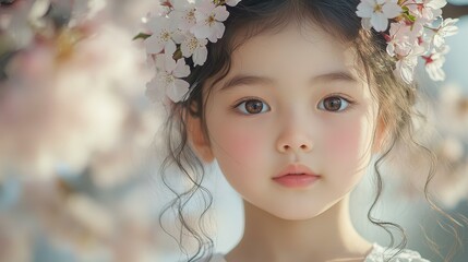 Sticker - A young girl with curly hair sits beneath a cherry tree, her floral crown complementing her serene beauty in full bloom.