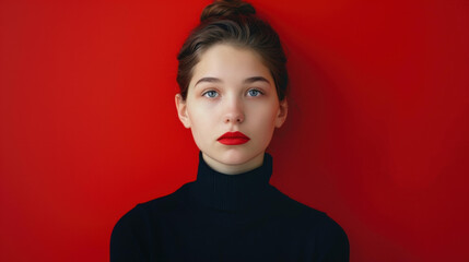 Poster - A stunning young girl in a sleek black top strikes a pose, immersed in vibrant neon red hues.