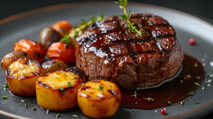 Grilled beef steak with roasted vegetables on black plate. Close-up food photography. Gourmet dinner concept for restaurant menu and culinary design.