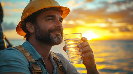 Sticker - Man enjoying a glass of water during a sunset by the water.