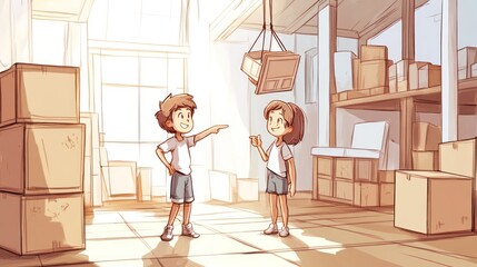 A young couple moving into their new home abstract theme, standing in the middle of an empty room with piles of cardboard boxes on one side and furniture on the other