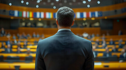 Canvas Print - A speaker addressing an audience in a formal setting.