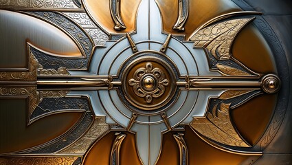 Poster - Close-up of a ornate metal door with intricate details and a circular design.