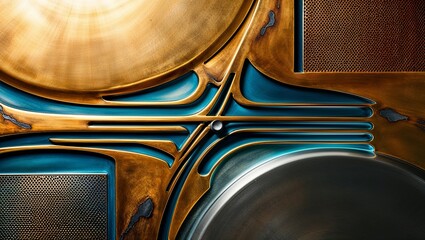 Wall Mural - Abstract close-up of a modern, metallic design featuring gold, blue and silver tones.