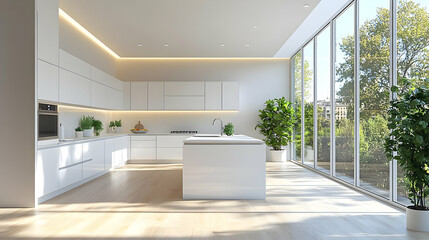 Poster - Modern kitchen with minimalist design and large windows.