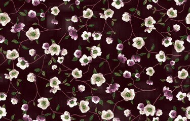  seamless watercolor digital flower pattern on maroon background