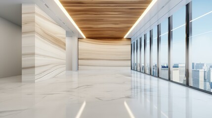 Canvas Print - Modern meeting room with bright wood, glass, and concrete design. Enjoy daylight and stunning city views from every angle.