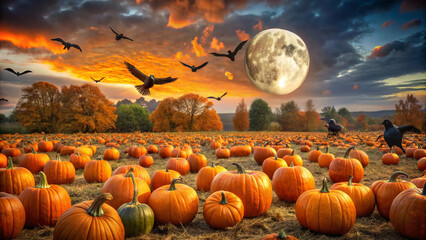 halloween background with pumpkins sea of orange pumpkins stretches out beneath a sky filled with swirling clouds and a luminous moon. Bats and birds soar overhead, adding a touch of mystery 