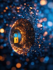 Wall Mural - digital cybersecurity concept with glowing data particles lock symbol and abstract futuristic techno