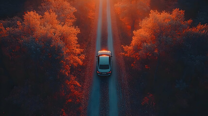 Wall Mural - Aerial view of a car on a scenic autumn road surrounded by trees.