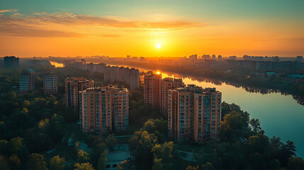 Wall Mural - Serene sunset over urban landscape and river.