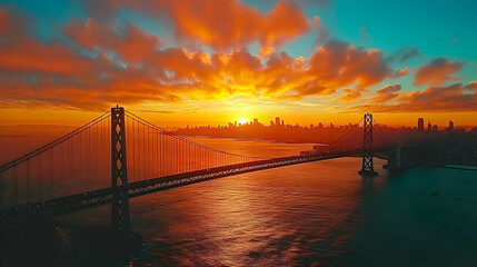 Poster - Sunset over a bridge with city skyline in the background.