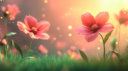 Two pink flowers blooming in a field with a soft, golden light.