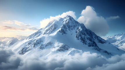 Canvas Print - Majestic snow-capped mountain peak amidst soft clouds and blue sky.