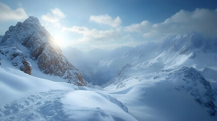 Canvas Print - Snow-covered mountains with a serene sky at sunrise.