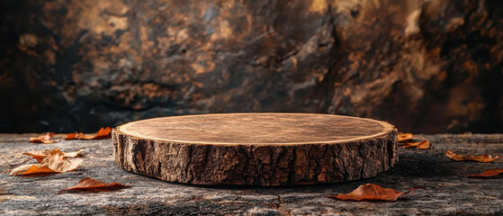 A rustic wooden log slice resting on a textured surface, surrounded by autumn leaves, creating a warm, natural atmosphere.