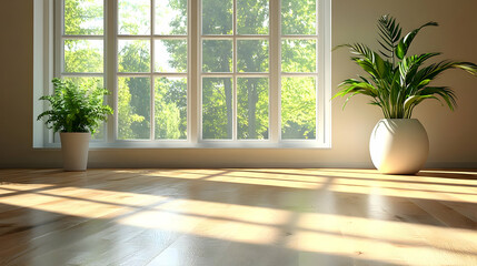 Wall Mural - Bright room with large windows and indoor plants.