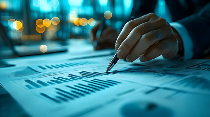 Poster - A hand analyzing financial reports with charts and data.