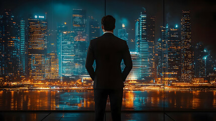 Poster - Man in suit gazing at a city skyline at night.