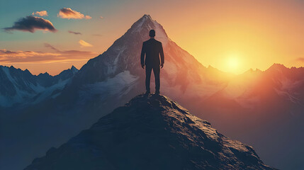 Wall Mural - A silhouetted figure stands on a mountain peak at sunset.