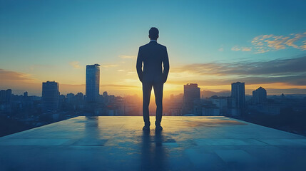 Canvas Print - Silhouette of a man in a suit against a sunset cityscape.