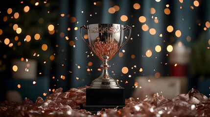 Sticker - A shiny trophy on a pedestal surrounded by sparkling confetti.