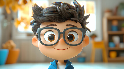 Poster - A cheerful animated boy with glasses in a cozy indoor setting.