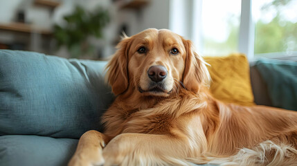 Poster - A golden retriever relaxing on a couch in a cozy living room.