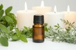 © ImagePulse - Soft-focus image of an essential oil bottle surrounded by fresh herbs and candles, evoking calmness and rejuvenation