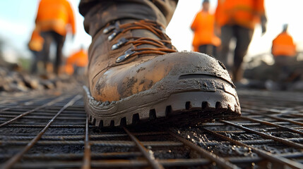 Canvas Print - Close-up of a work boot on a construction site with workers in background.